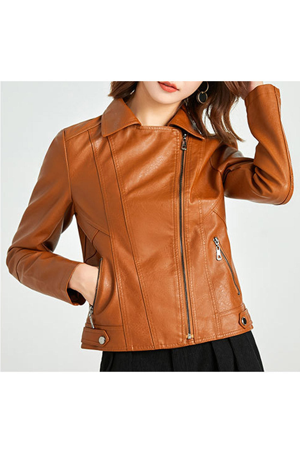 Women Exciting Lapel Collar Neck Long Sleeves & Cross Zip Fastener & Zippered Pocket Unstrained Winter Leather Jacket