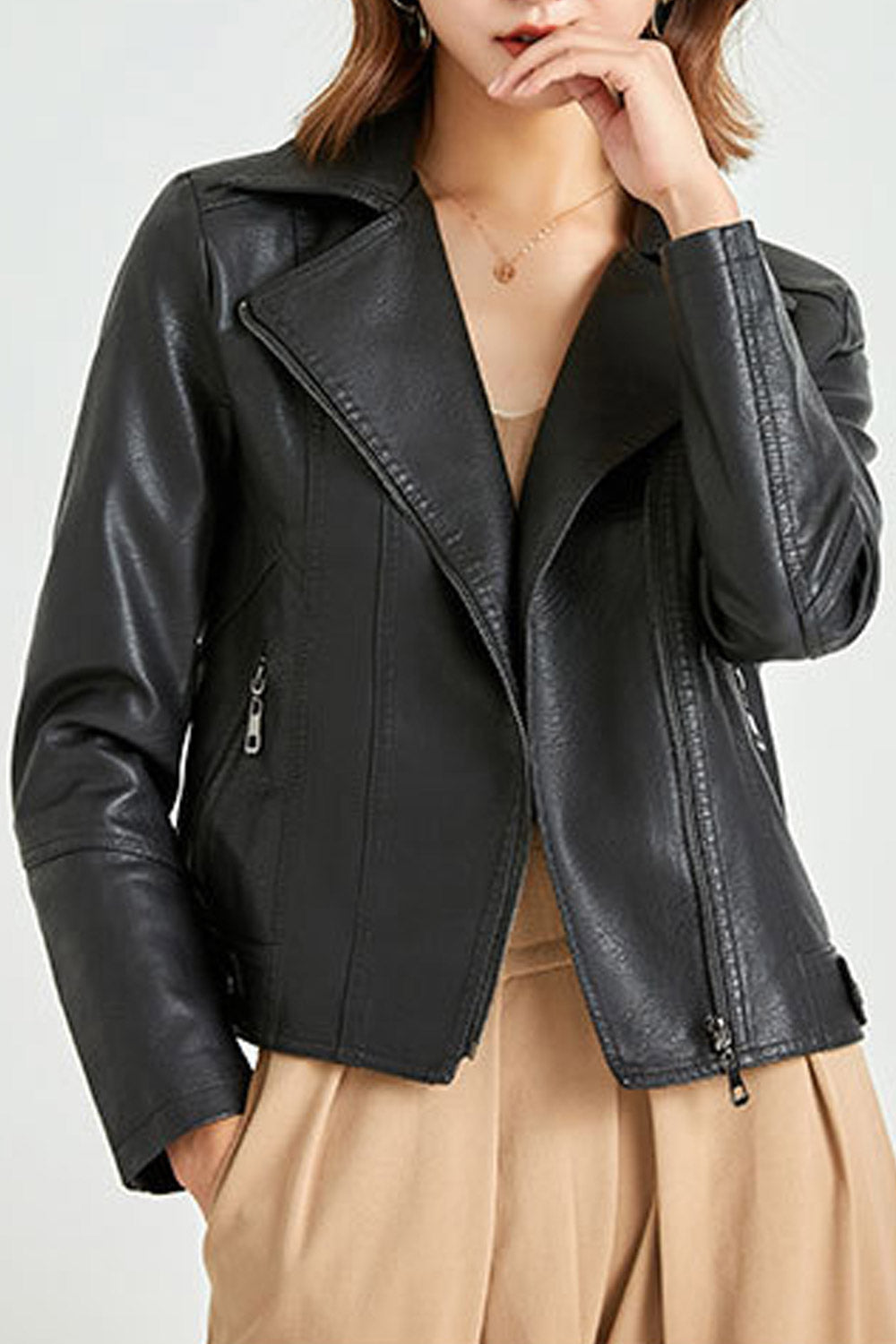 Women Exciting Lapel Collar Neck Long Sleeves & Cross Zip Fastener & Zippered Pocket Unstrained Winter Leather Jacket