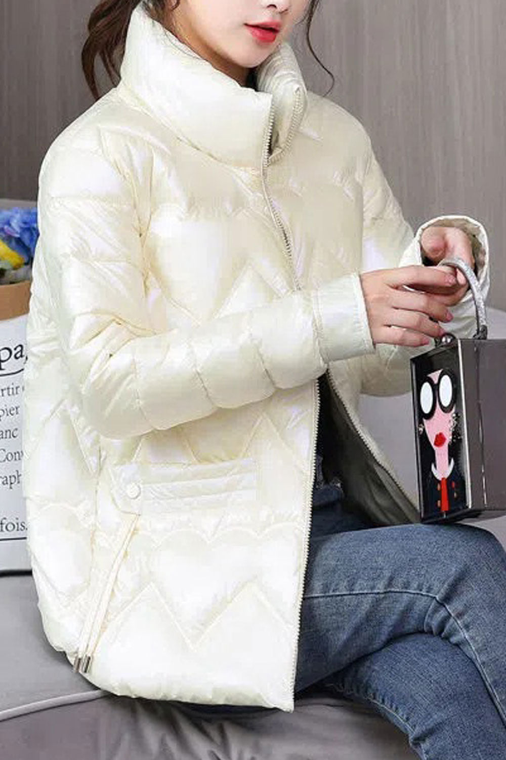 Women Brilliant Chromatic Stand Collar Buttoned Cuff Slash Pocket Front Zip Fastener Thick Warm Winter Padded Jacket