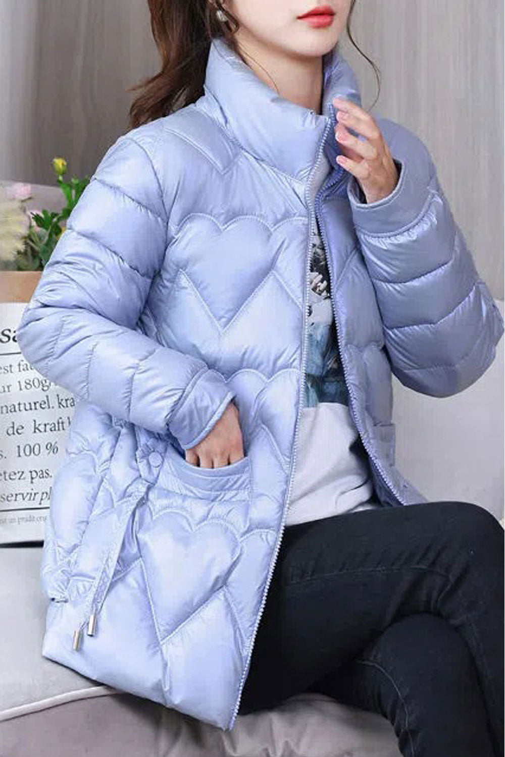 Women Brilliant Chromatic Stand Collar Buttoned Cuff Slash Pocket Front Zip Fastener Thick Warm Winter Padded Jacket