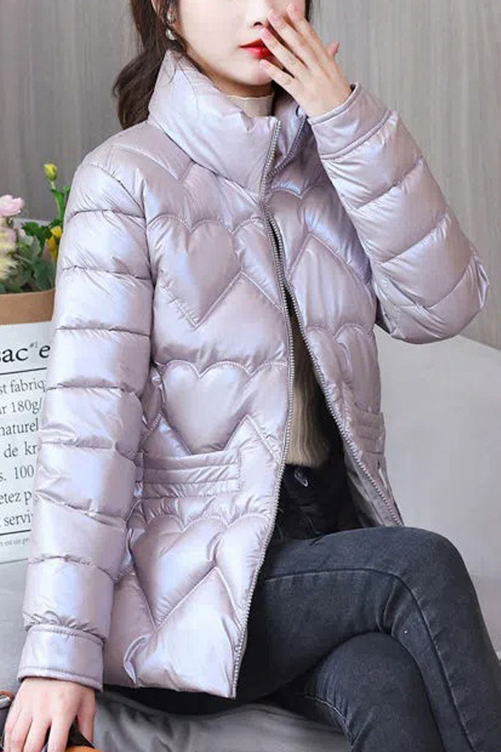 Women Brilliant Chromatic Stand Collar Buttoned Cuff Slash Pocket Front Zip Fastener Thick Warm Winter Padded Jacket