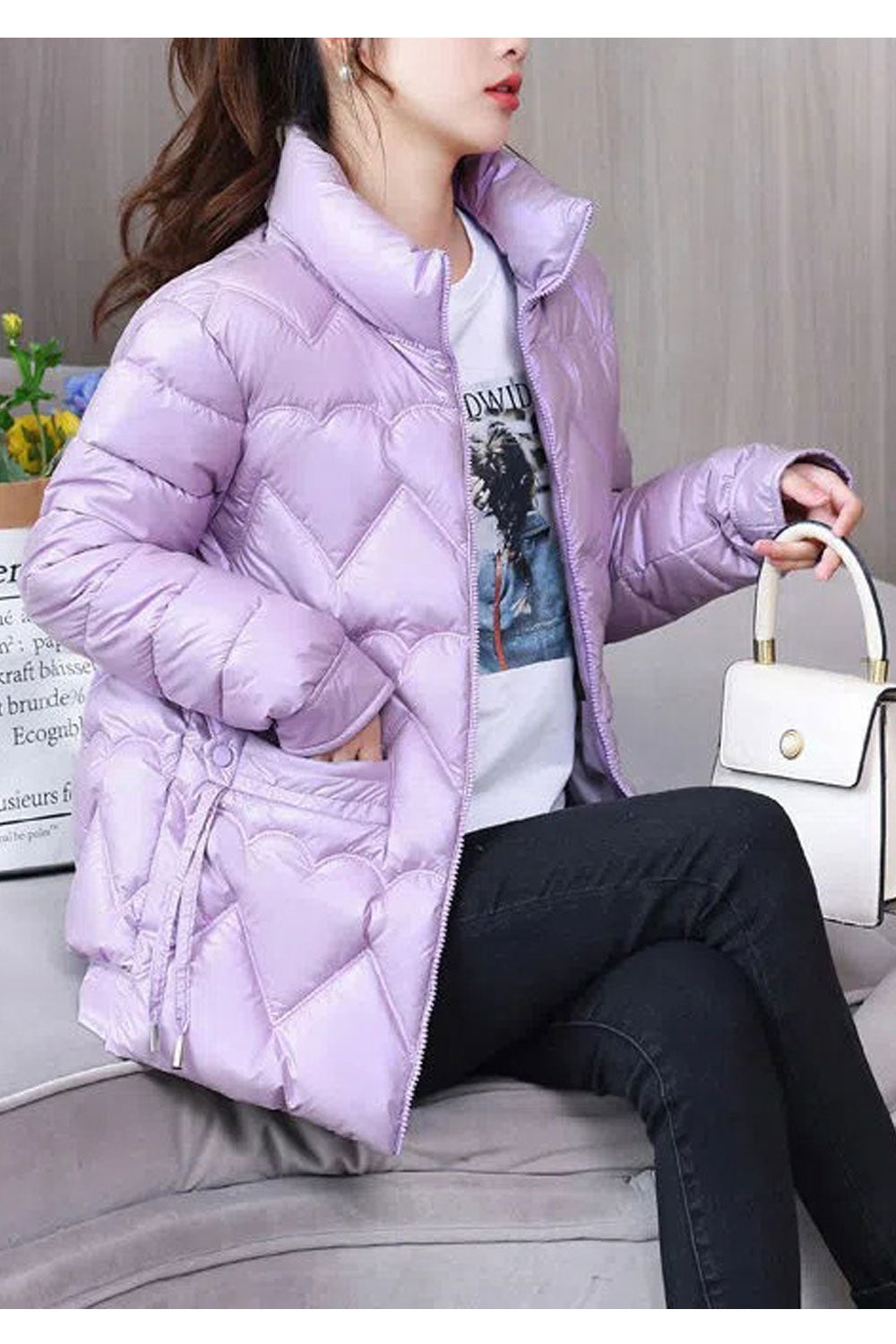 Women Brilliant Chromatic Stand Collar Buttoned Cuff Slash Pocket Front Zip Fastener Thick Warm Winter Padded Jacket