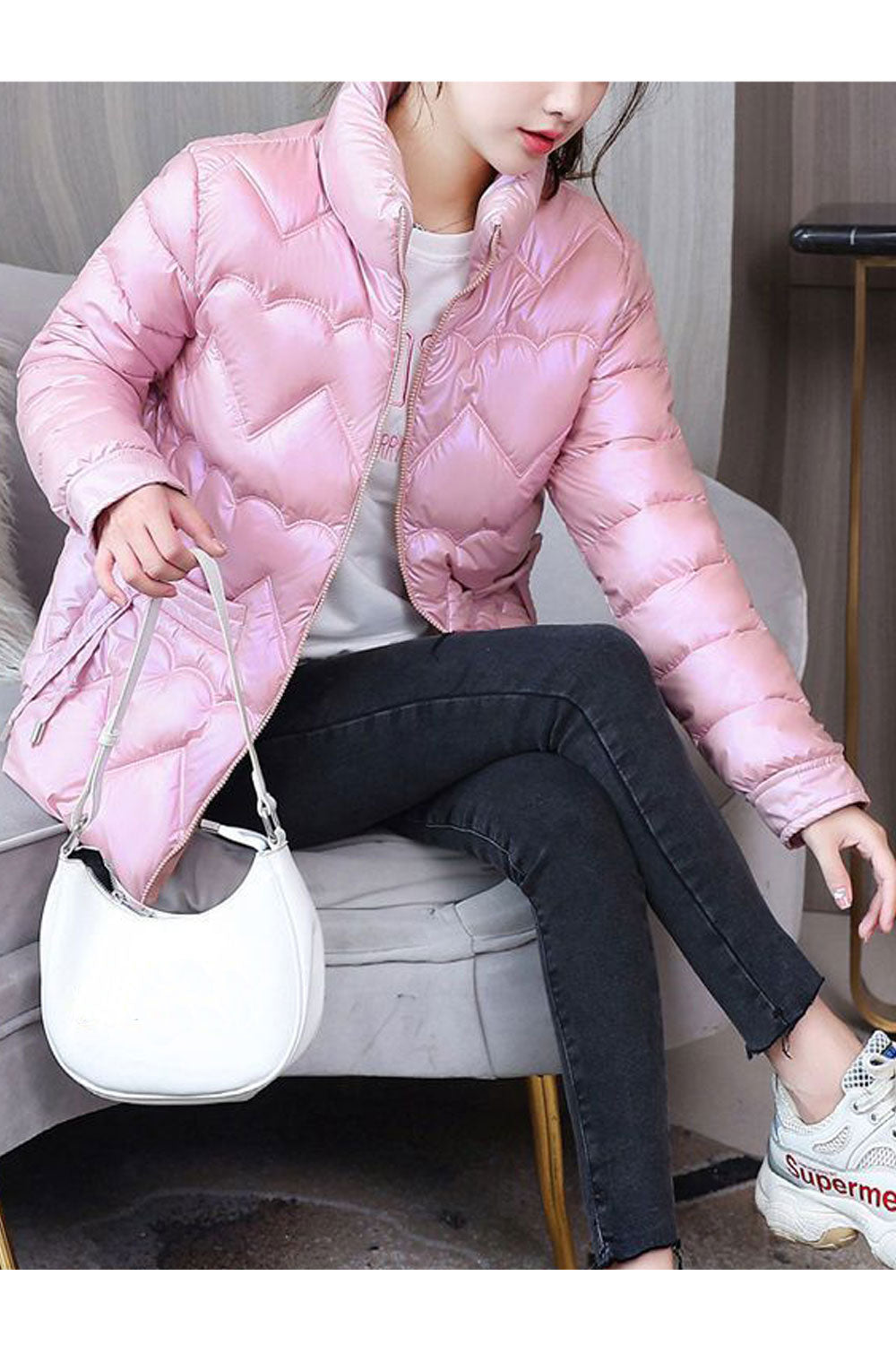 Women Brilliant Chromatic Stand Collar Buttoned Cuff Slash Pocket Front Zip Fastener Thick Warm Winter Padded Jacket