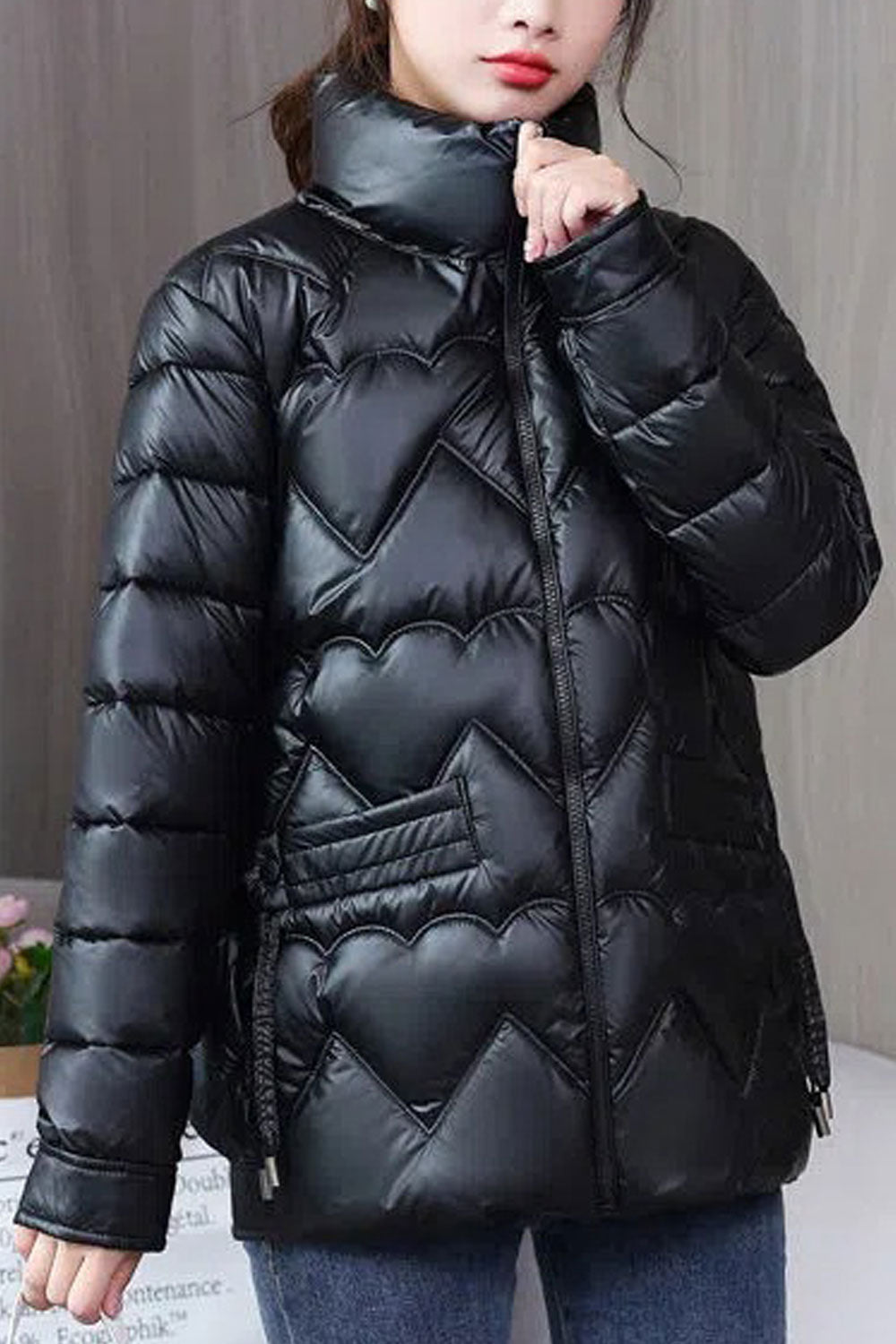 Women Brilliant Chromatic Stand Collar Buttoned Cuff Slash Pocket Front Zip Fastener Thick Warm Winter Padded Jacket