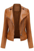 Women Eye- Soothing Lapel Collar Zippered Cuff & Front Zip Fastener Winter Leather Jacket