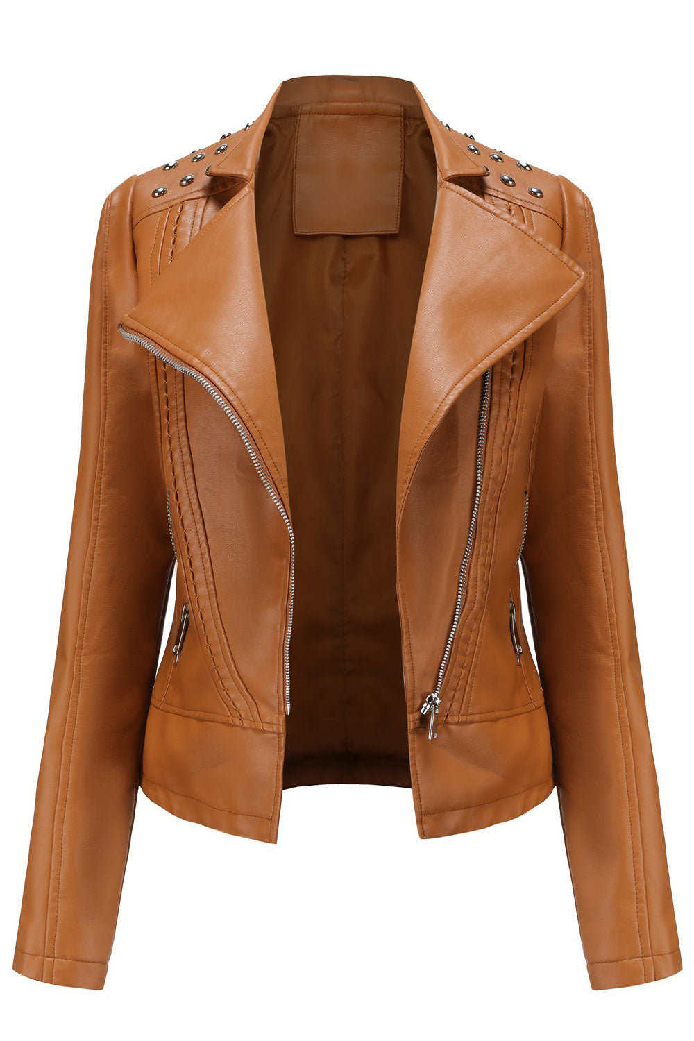 Women Eye- Soothing Lapel Collar Zippered Cuff & Front Zip Fastener Winter Leather Jacket