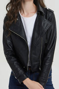 Women Decent Lapel Collar Neck Long Zipper Style Sleeves & Oblique Zip Fastener Soothing Winter Leather Jacket