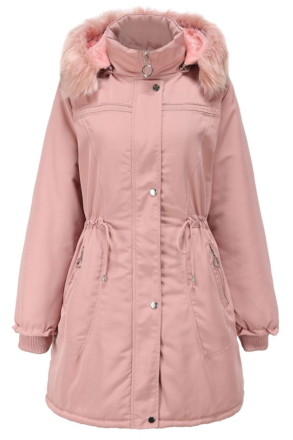 Women Fascinating Hooded Collar Neck Stretchable Cuff Drawstring Waist & Zip Fastener Side Slash Pocket Mid Length Soft Winter P