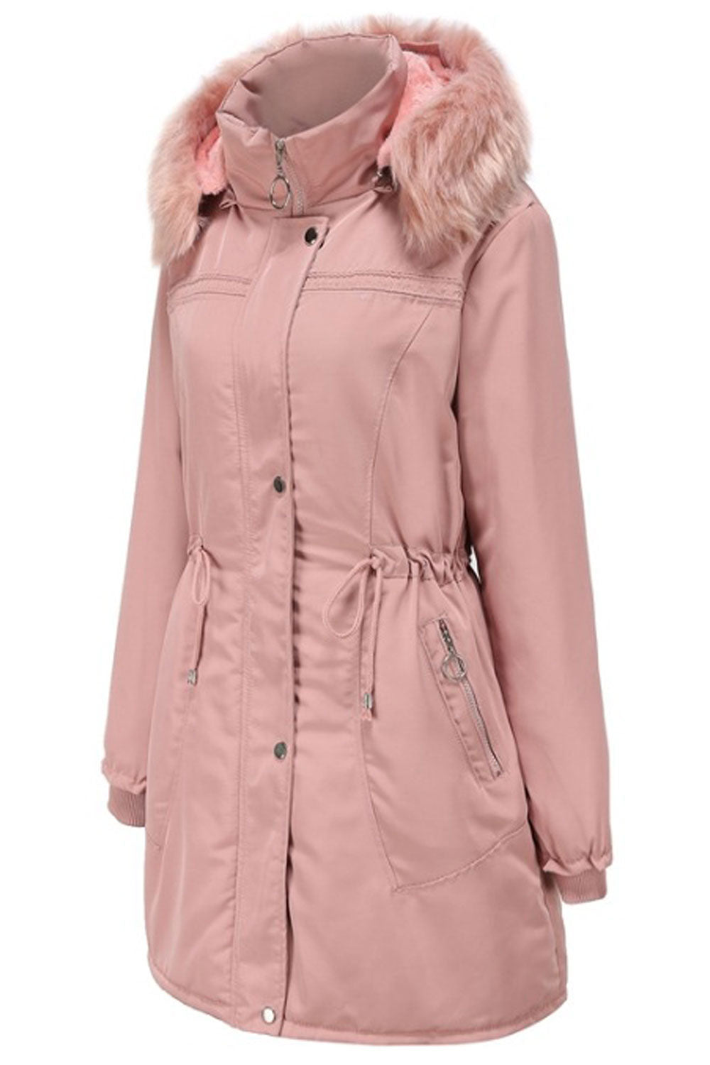 Women Fascinating Hooded Collar Neck Stretchable Cuff Drawstring Waist & Zip Fastener Side Slash Pocket Mid Length Soft Winter P