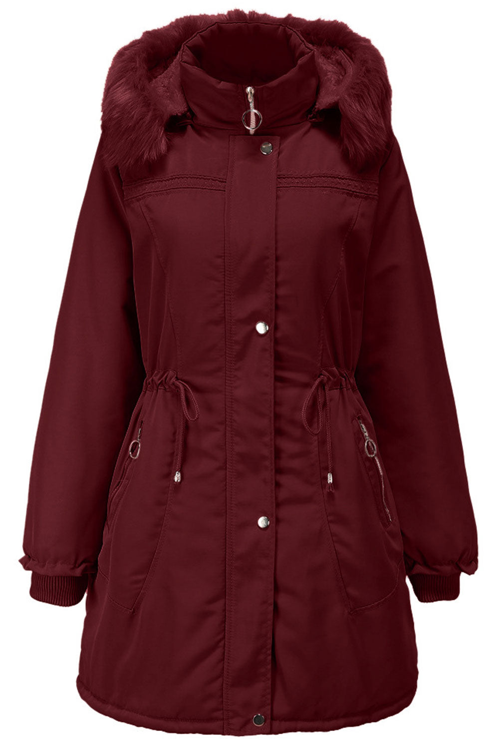 Women Fascinating Hooded Collar Neck Stretchable Cuff Drawstring Waist & Zip Fastener Side Slash Pocket Mid Length Soft Winter P