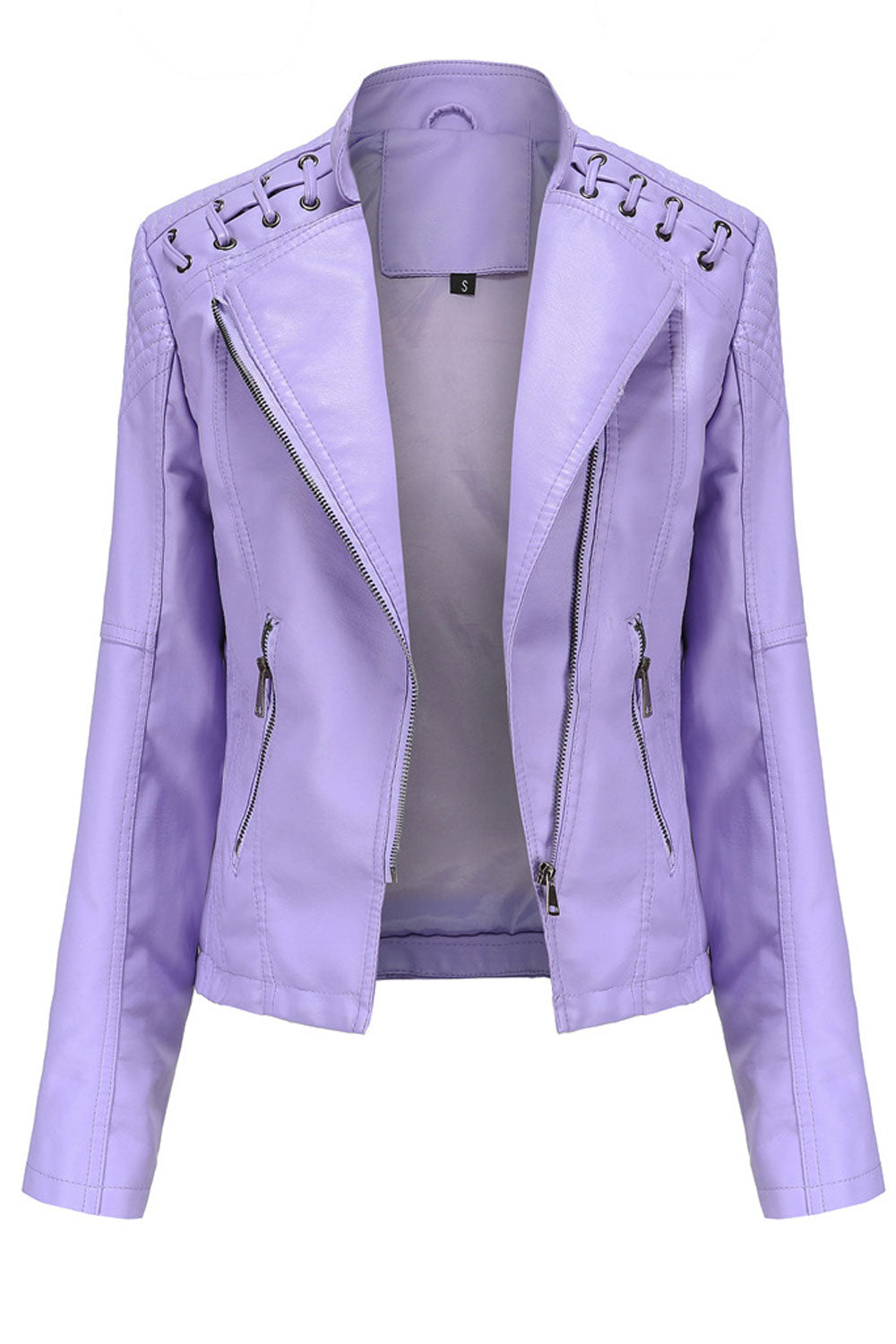 Women Fine Lapel Collar Neck Buttoned Cuff & Zippered Fastener Side Zip Pocket Snug Winter Leather Jacket