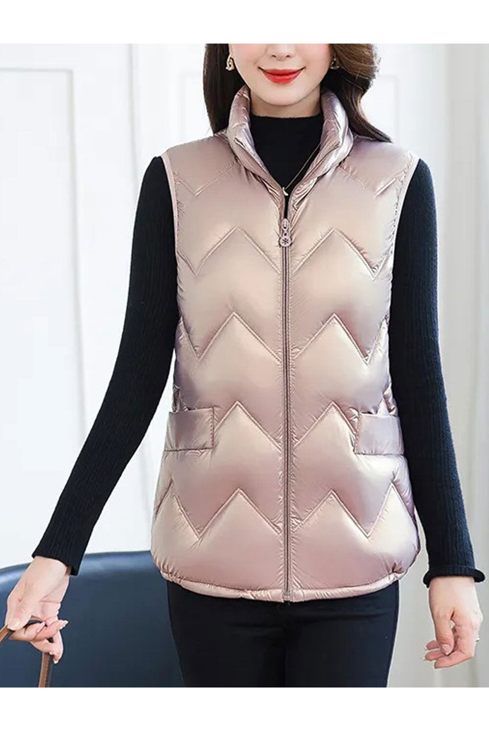 Women Aesthetic Chromatic Stand Collar Neck Slight Hem Sleeveless Patch Pocket Body Fit Classy Winter Padded Jacket