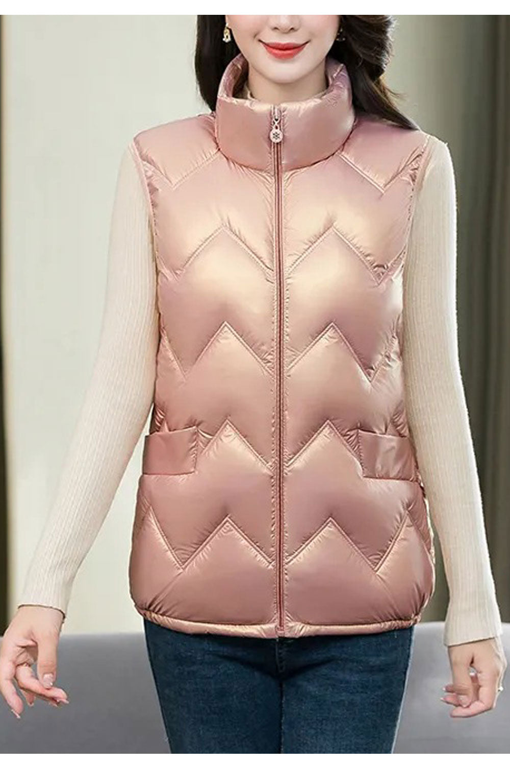 Women Aesthetic Chromatic Stand Collar Neck Slight Hem Sleeveless Patch Pocket Body Fit Classy Winter Padded Jacket