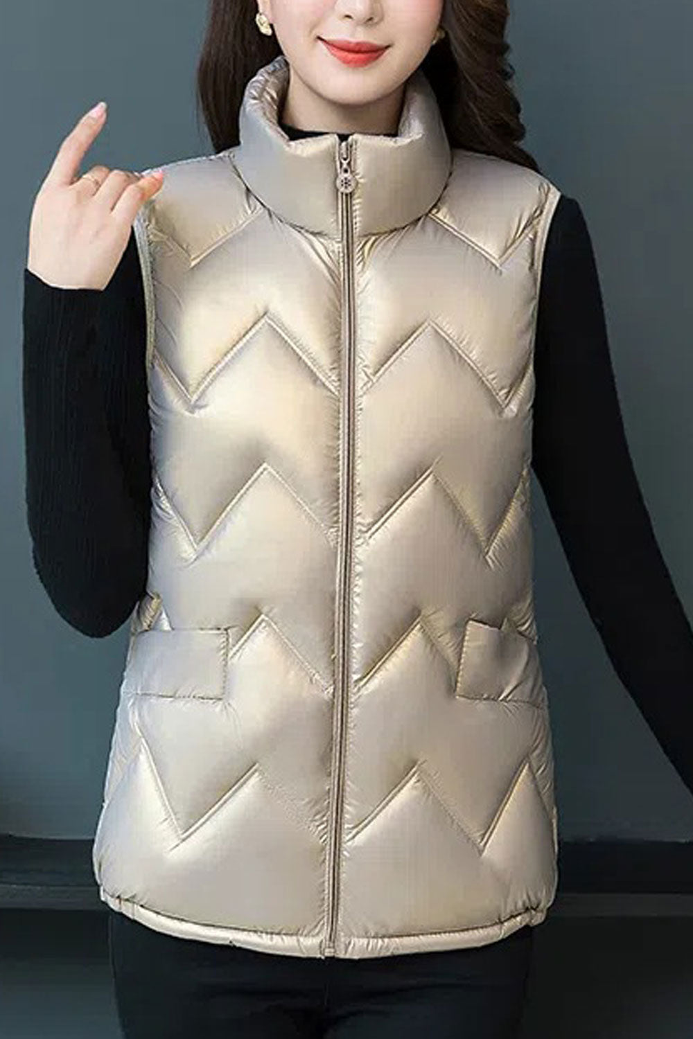 Women Aesthetic Chromatic Stand Collar Neck Slight Hem Sleeveless Patch Pocket Body Fit Classy Winter Padded Jacket