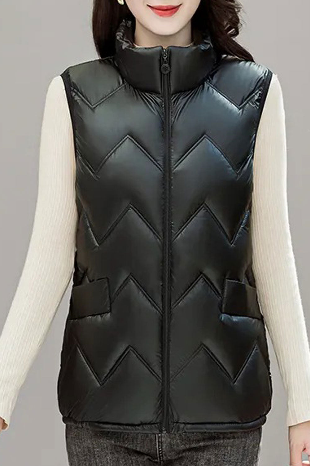 Women Aesthetic Chromatic Stand Collar Neck Slight Hem Sleeveless Patch Pocket Body Fit Classy Winter Padded Jacket