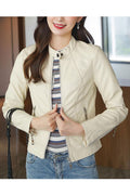 Women Superb Stand Collar Neck Moveable Side Straight Zippered Pocket & Zip Fastener Comfortable Winter Leather Jacket