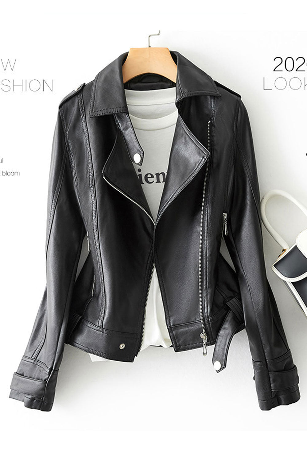Women Eye-Catchy Lapel Collar Neck Long Sleeves & Easy Front Fastener Waist Belt & Buckle Soothing Winter Leather Jacket