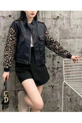 Women Captive Stand Collar Zebra Printed Long Sleeves Knitted Ribbed Cuff Moveable Waist Draw cords Front Flap Closure Pocket &