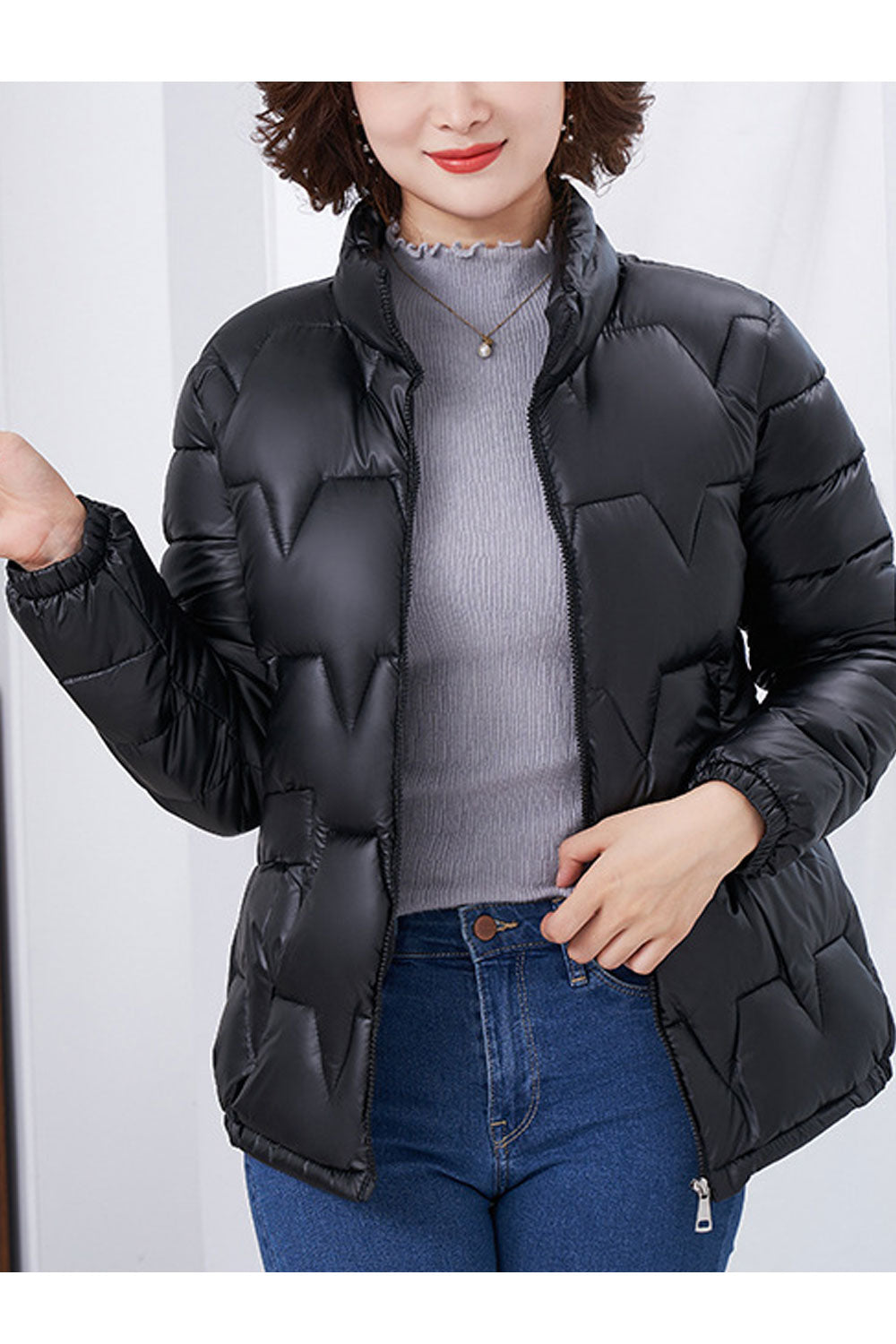Women Bright Stand Collar Neck Stretchable Cuff Inseam Pocket & Front Zip Fastener Slim Soft Winter Padded Jacket