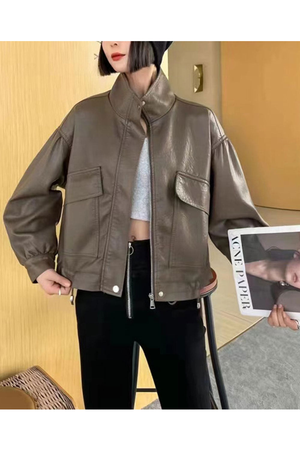 Women Modish Stand Collar Buttoned Cuff Moveable Draw cords & Front Zip Fastener Shot Length Winter Leather Jacket