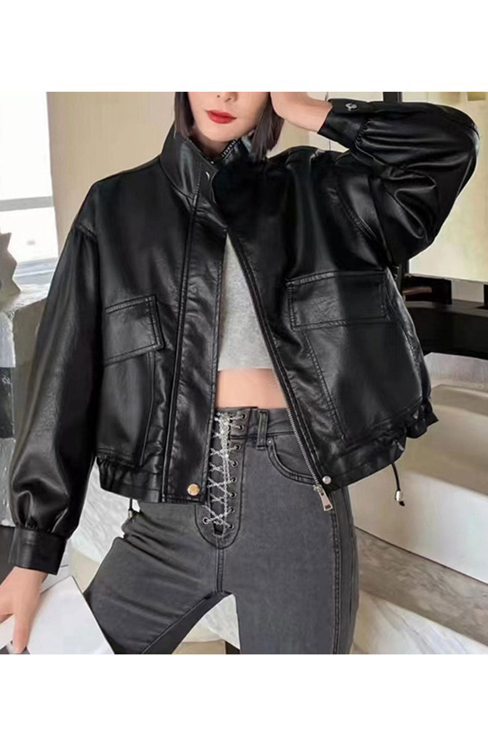 Women Modish Stand Collar Buttoned Cuff Moveable Draw cords & Front Zip Fastener Shot Length Winter Leather Jacket