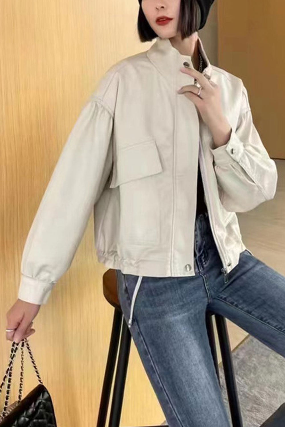 Women Modish Stand Collar Buttoned Cuff Moveable Draw cords & Front Zip Fastener Shot Length Winter Leather Jacket