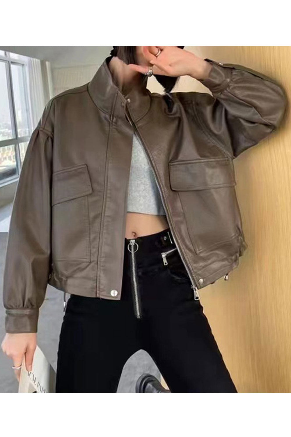 Women Modish Stand Collar Buttoned Cuff Moveable Draw cords & Front Zip Fastener Shot Length Winter Leather Jacket
