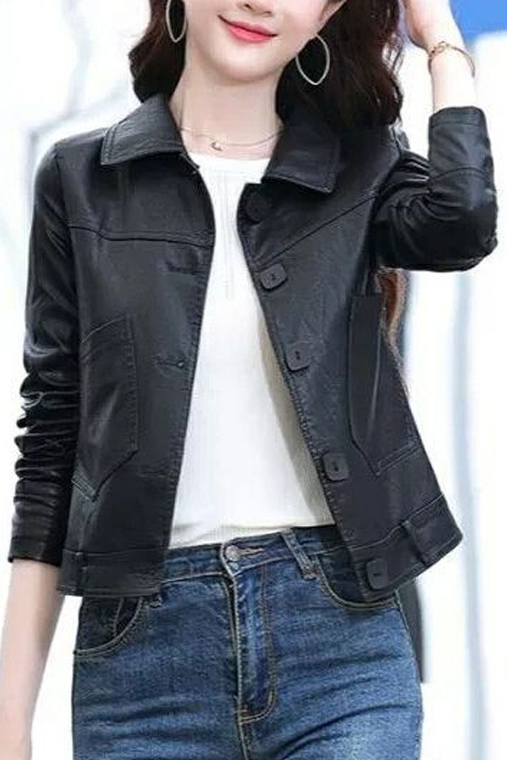 Women Decent Lapel Collar Neck Long Zipper Style Sleeves & Oblique Zip Fastener Breathable Winter Leather Jacket