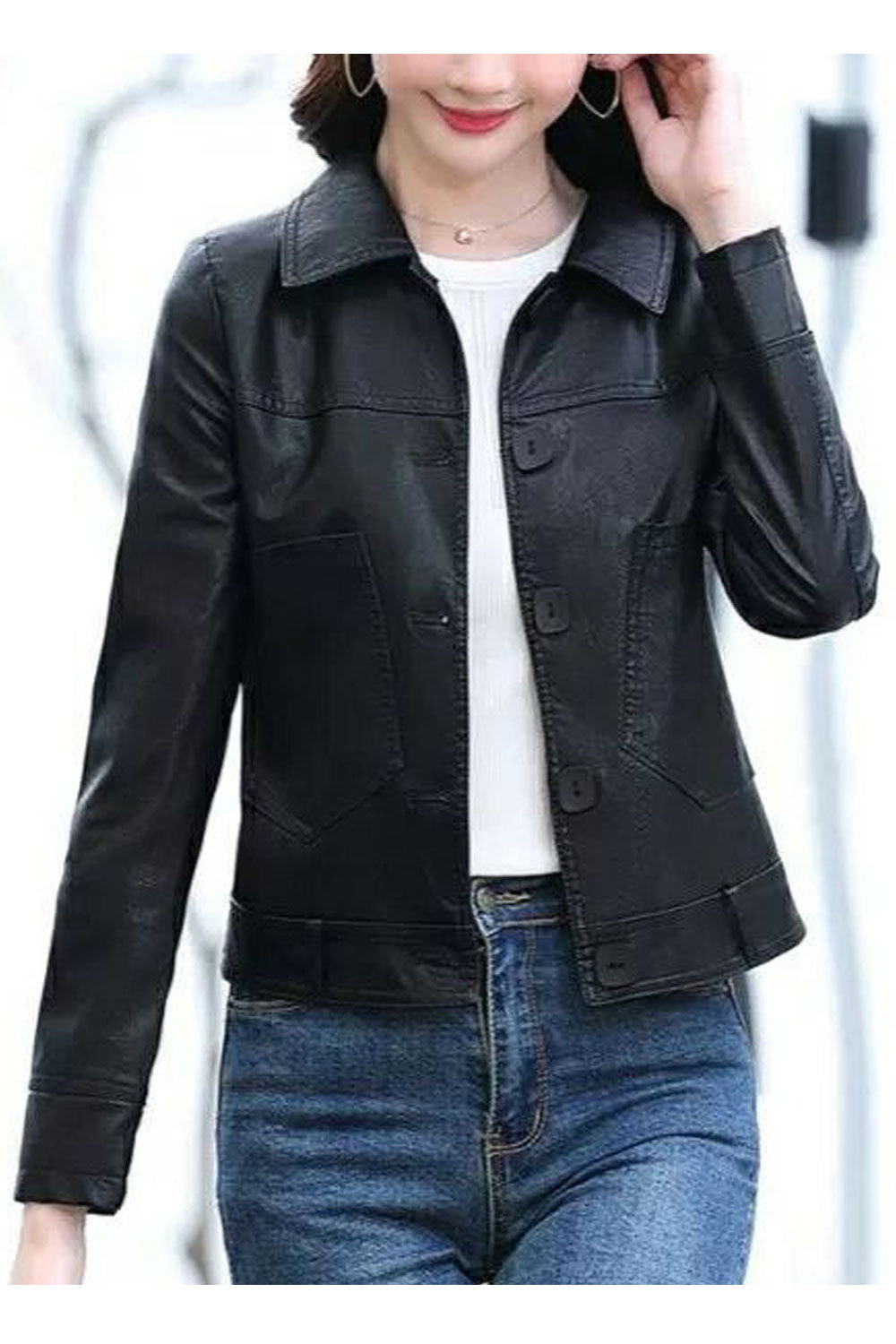 Women Decent Lapel Collar Neck Long Zipper Style Sleeves & Oblique Zip Fastener Breathable Winter Leather Jacket