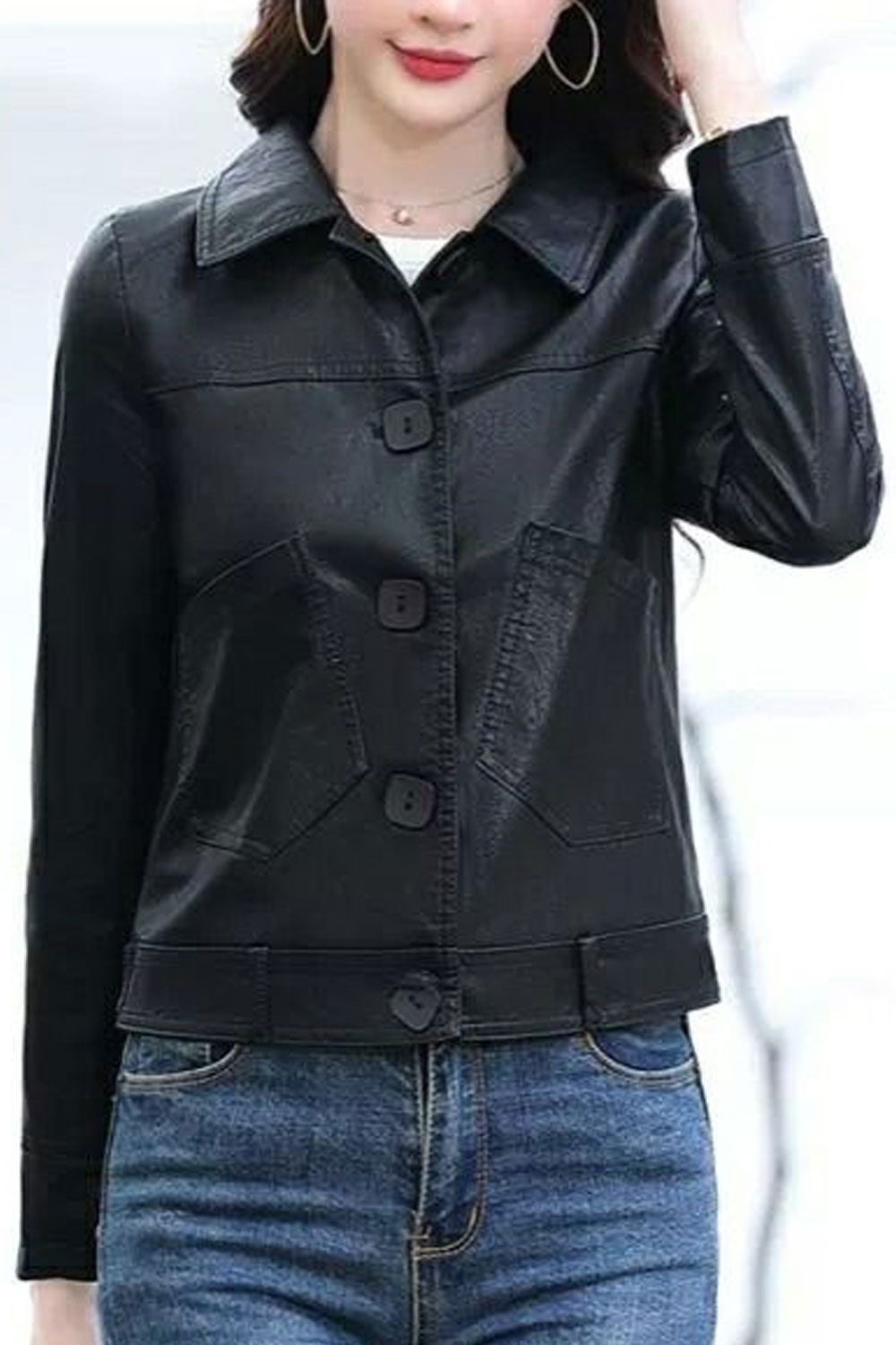 Women Decent Lapel Collar Neck Long Zipper Style Sleeves & Oblique Zip Fastener Breathable Winter Leather Jacket