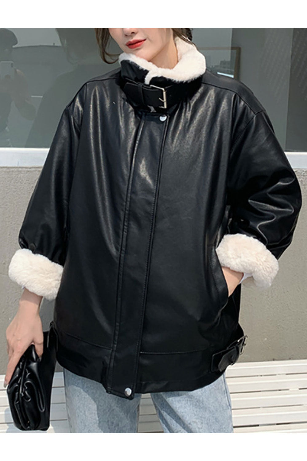 Women Thick Fluffy Material Made Stand Collar Buttoned Cuff Slash pocket & Front Zip Fastener Cozy Winter Leather Jacket