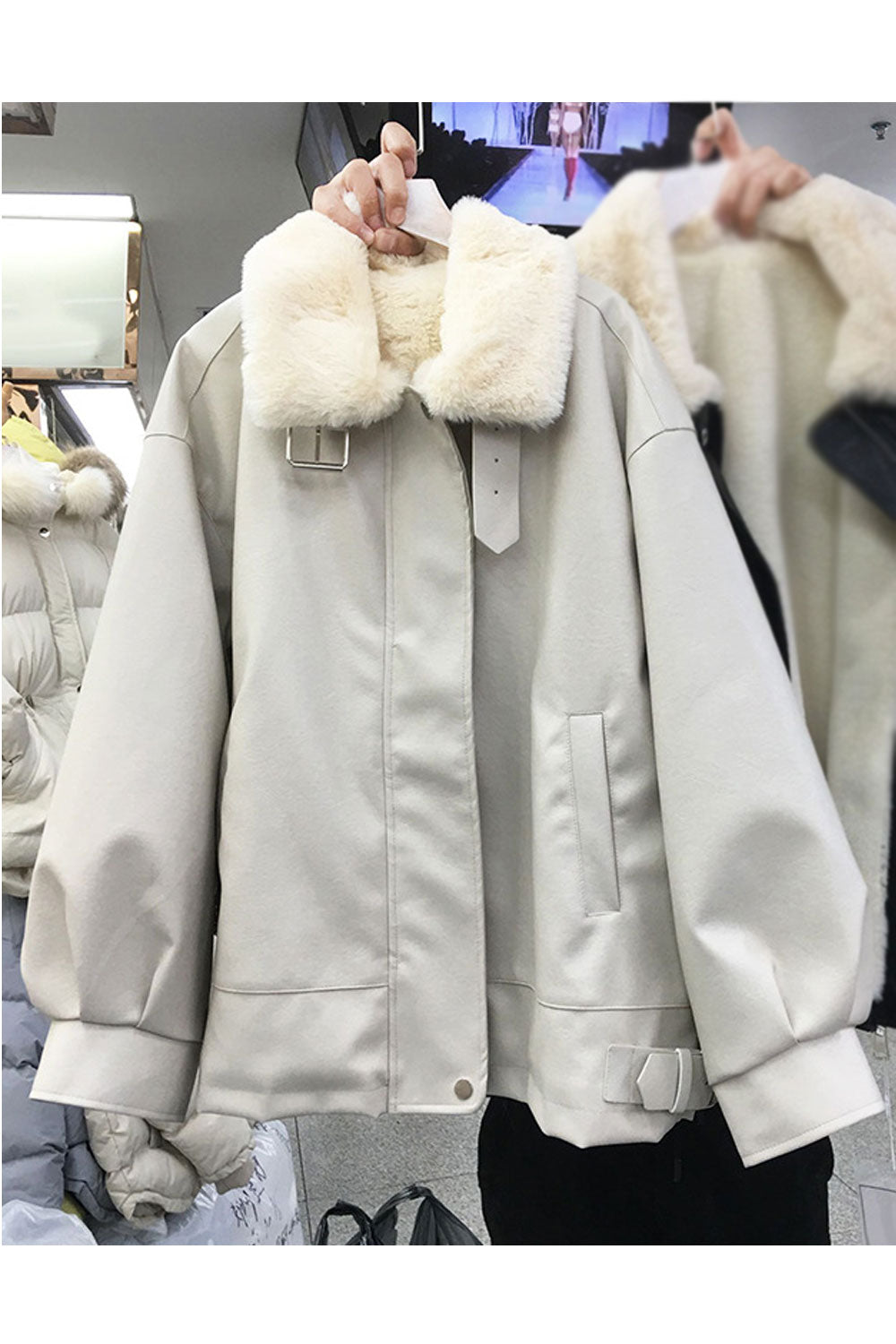 Women Thick Fluffy Material Made Stand Collar Buttoned Cuff Slash pocket & Front Zip Fastener Cozy Winter Leather Jacket