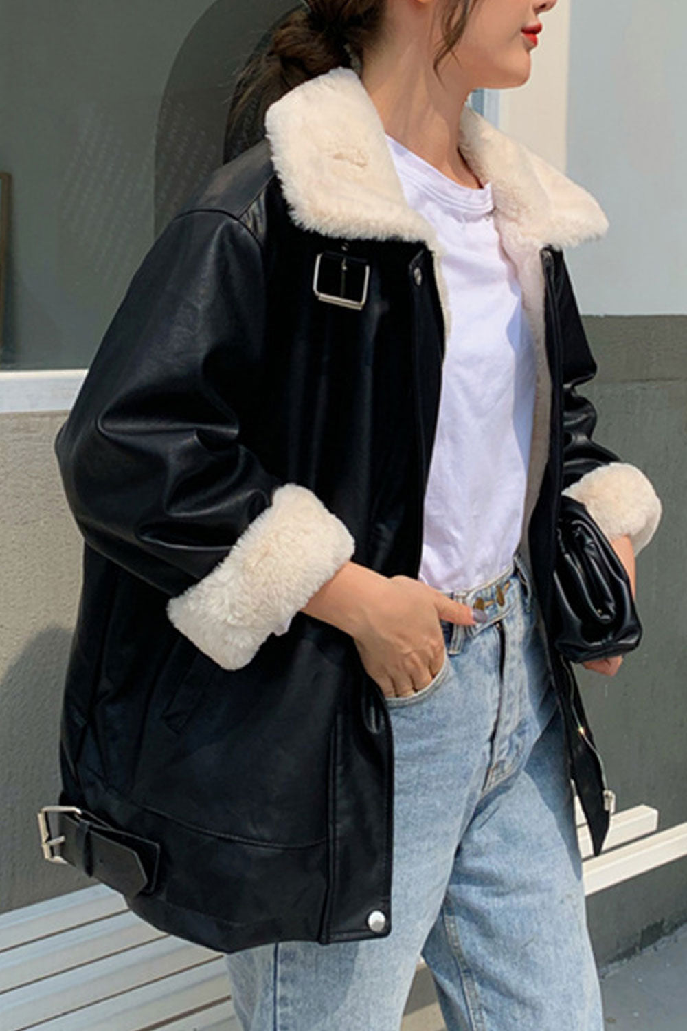 Women Thick Fluffy Material Made Stand Collar Buttoned Cuff Slash pocket & Front Zip Fastener Cozy Winter Leather Jacket