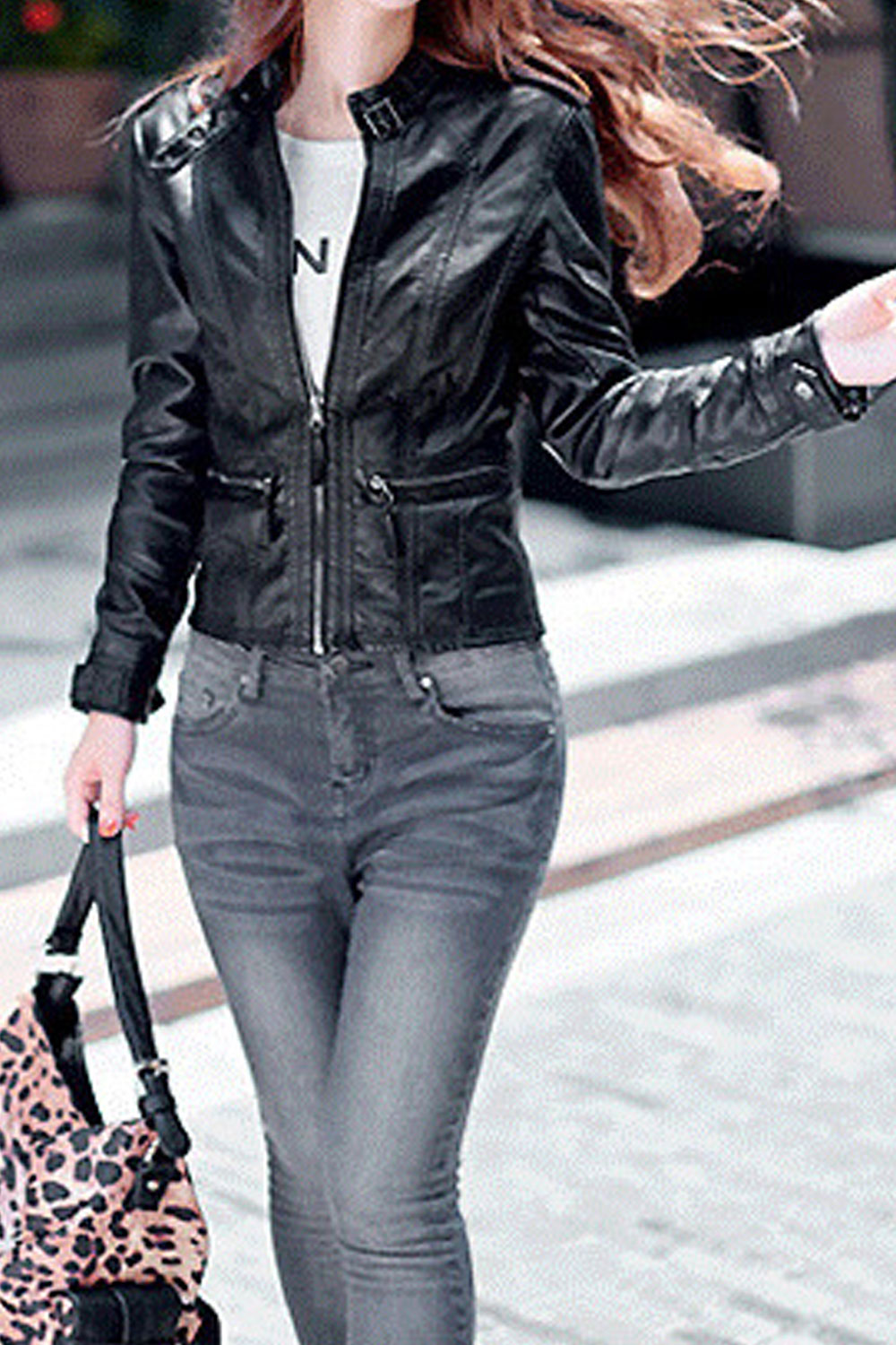 Women Amazing Strap Belt Collar Neck Zipper Closure Pockets Winter Fashionic Leather Jacket
