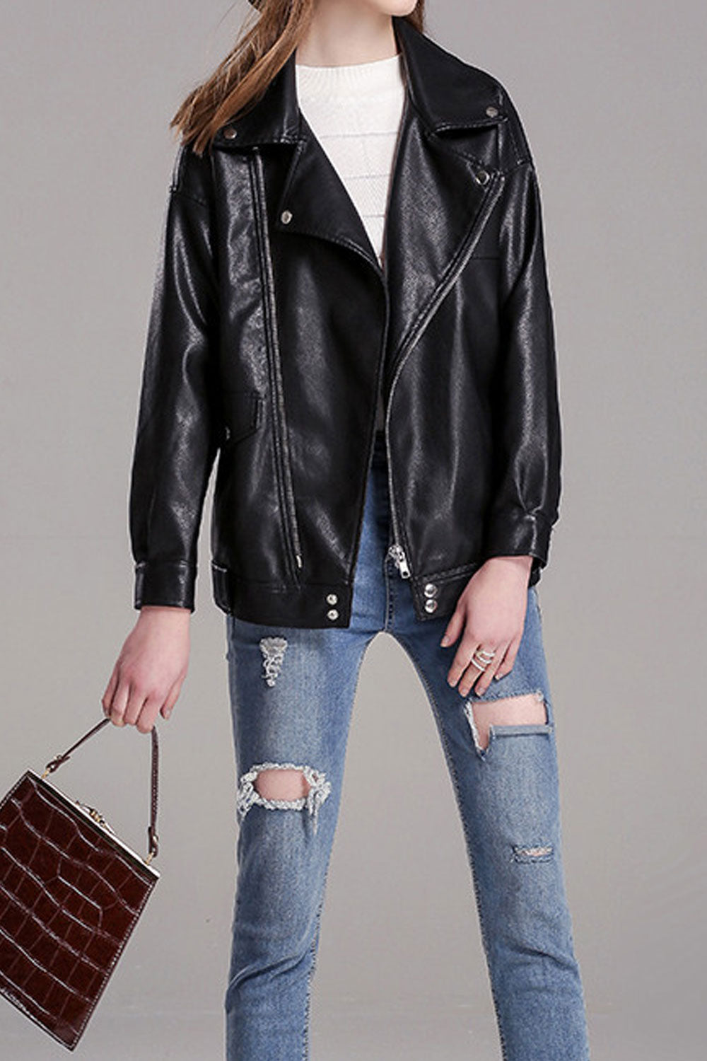 Women Winter Fashionic Solid Pattern Cross Zip Closure Comfortable Leather Jacket