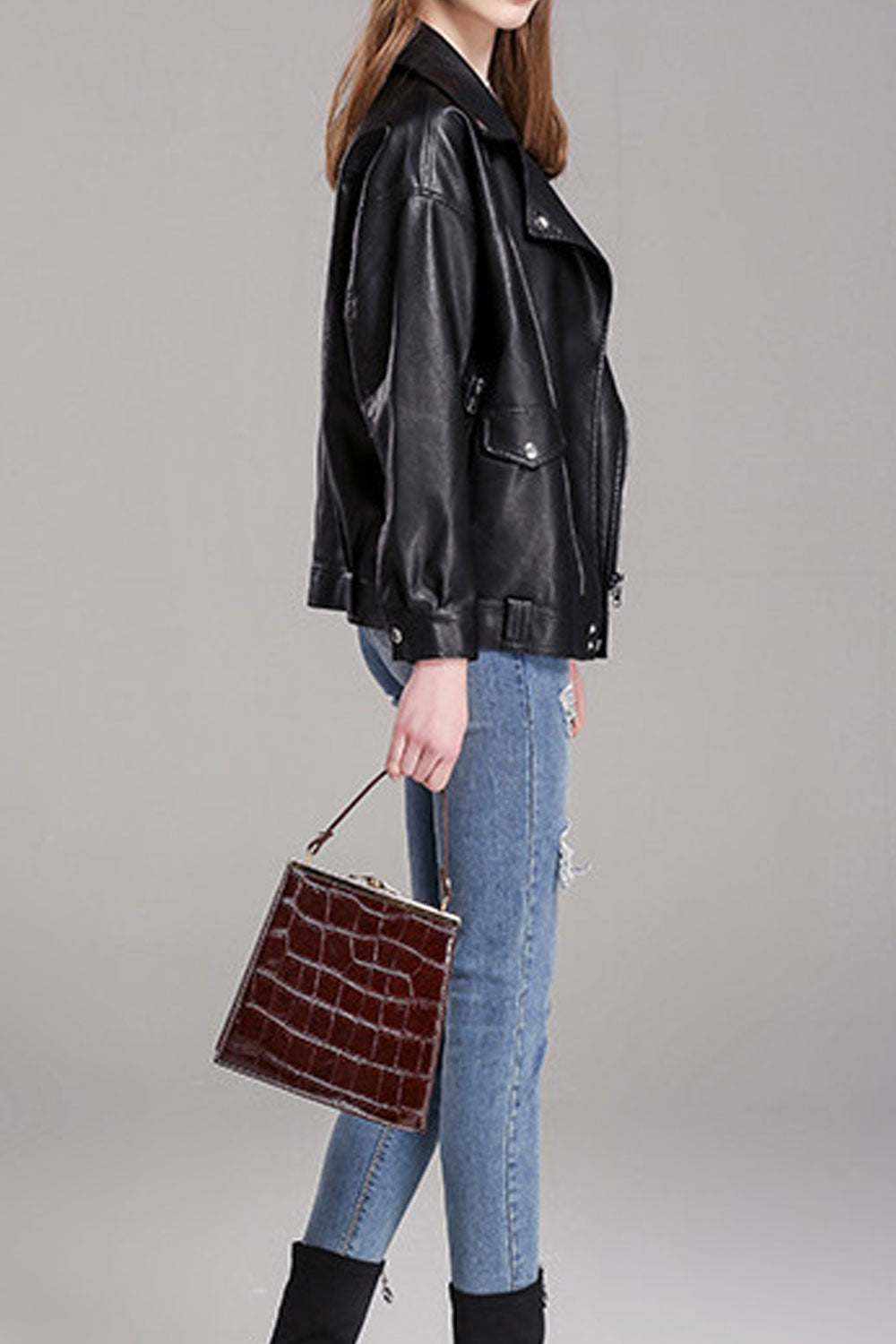 Women Winter Fashionic Solid Pattern Cross Zip Closure Comfortable Leather Jacket