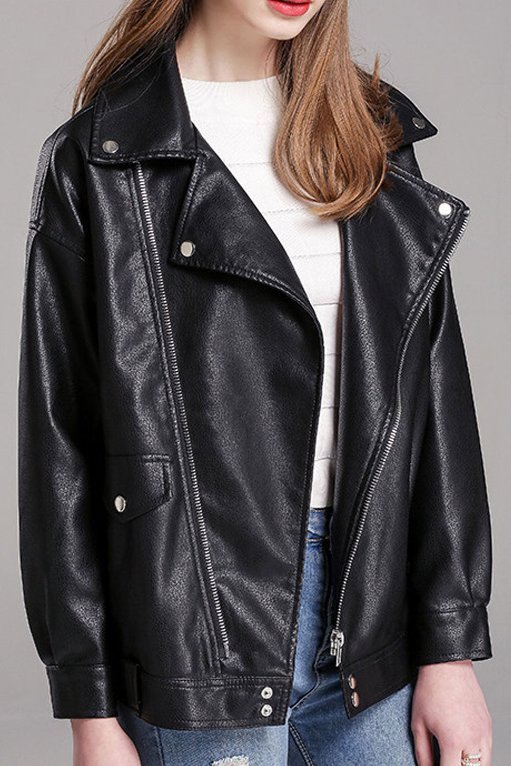 Women Winter Fashionic Solid Pattern Cross Zip Closure Comfortable Leather Jacket