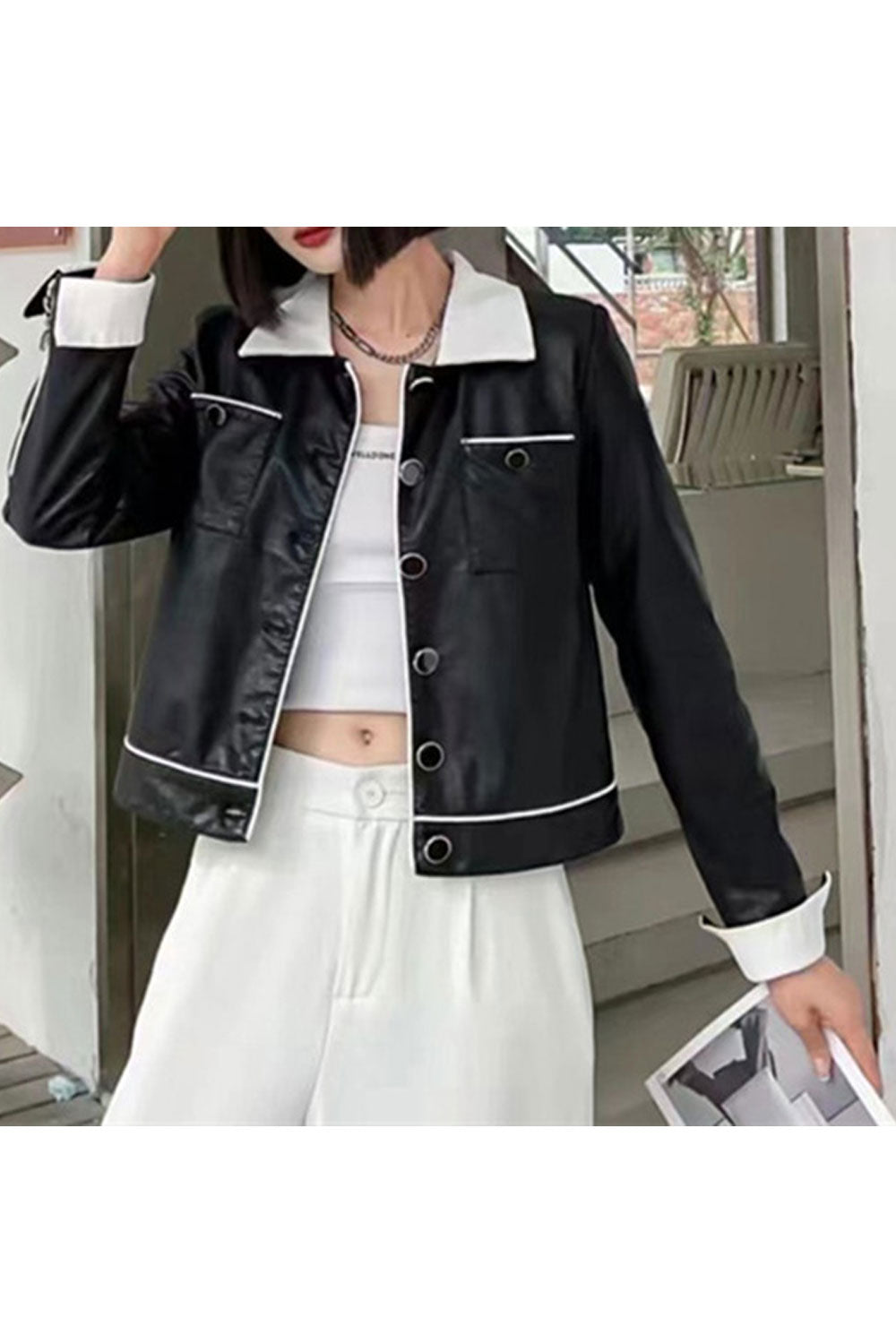 Women Striking Contrast Collar Neck Faulding Cuff Warm Winter Leather Jacket & Buttoned Fastener Patch Pocket Winter Leather Jac
