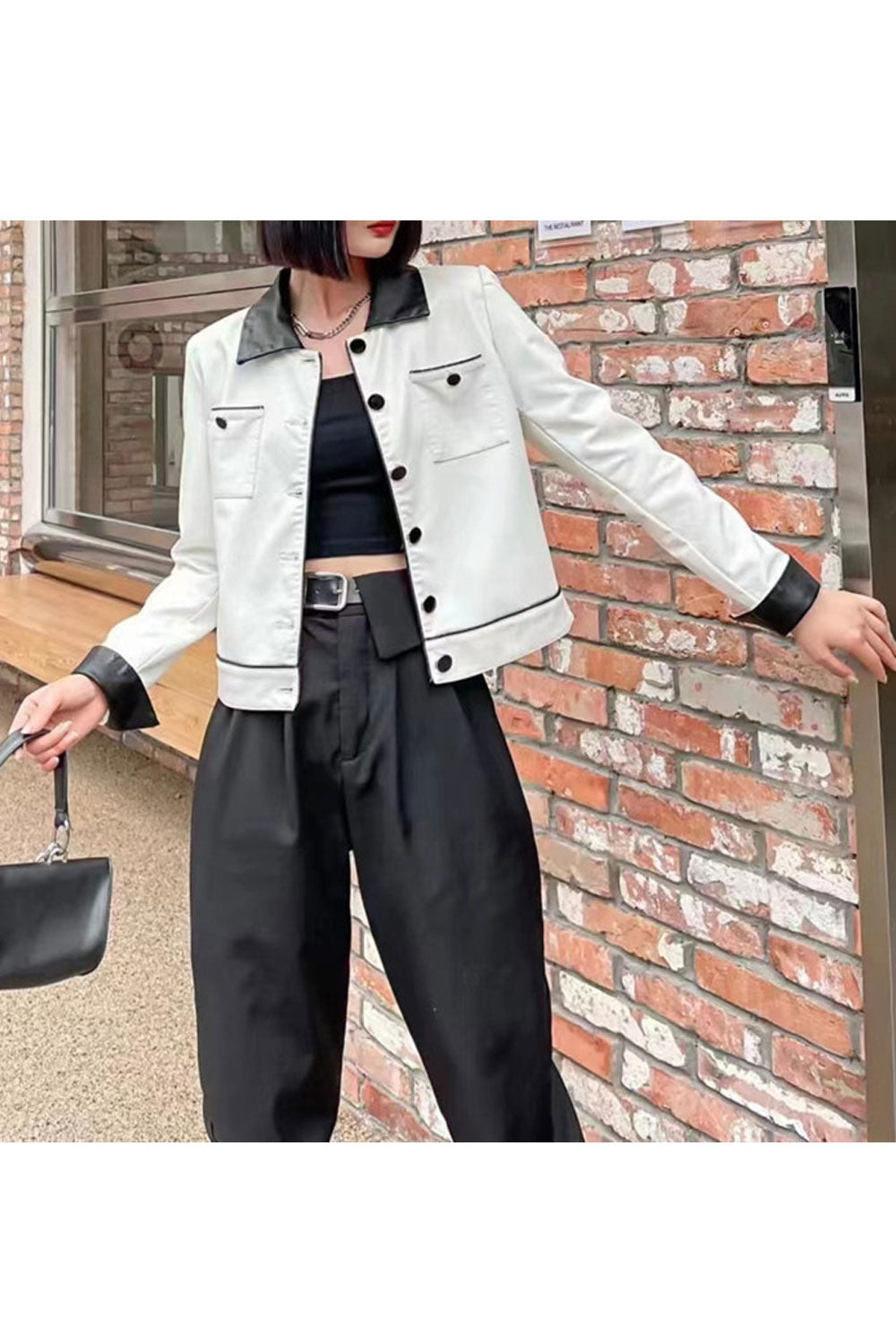 Women Striking Contrast Collar Neck Faulding Cuff Warm Winter Leather Jacket & Buttoned Fastener Patch Pocket Winter Leather Jac