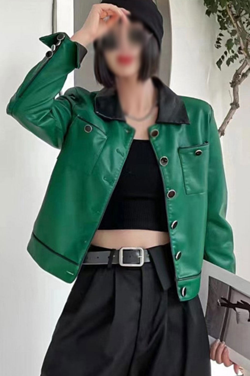 Women Striking Contrast Collar Neck Faulding Cuff Warm Winter Leather Jacket & Buttoned Fastener Patch Pocket Winter Leather Jac