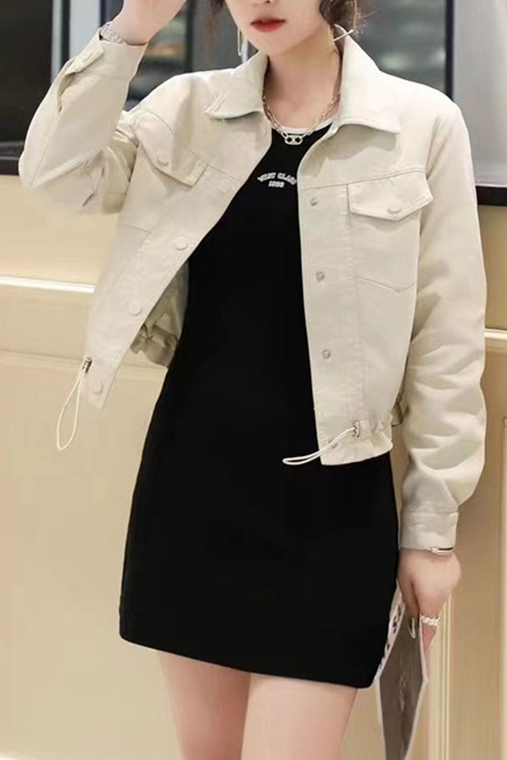 Women Excellent Snap Button Closure Collar Neck Drawstring Adjustable Waist Winter Leather Jacket