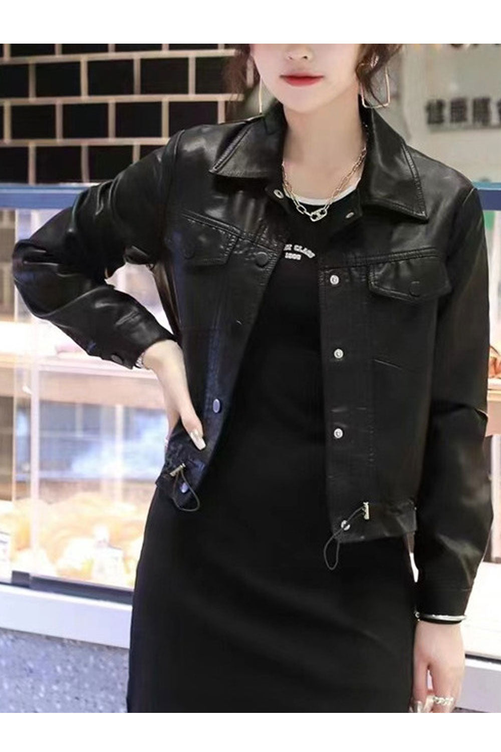 Women Excellent Snap Button Closure Collar Neck Drawstring Adjustable Waist Winter Leather Jacket
