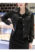 Women Excellent Snap Button Closure Collar Neck Drawstring Adjustable Waist Winter Leather Jacket