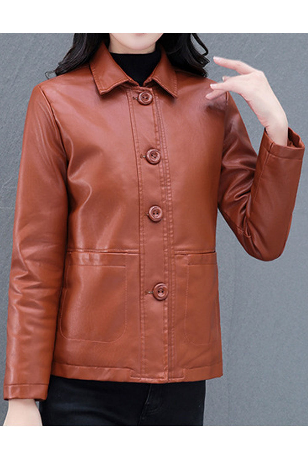 Women Stylish Collar Neck Long Sleeves Buttoned Fastener Patch Pocket Soft Linen Warm Leather Jacket