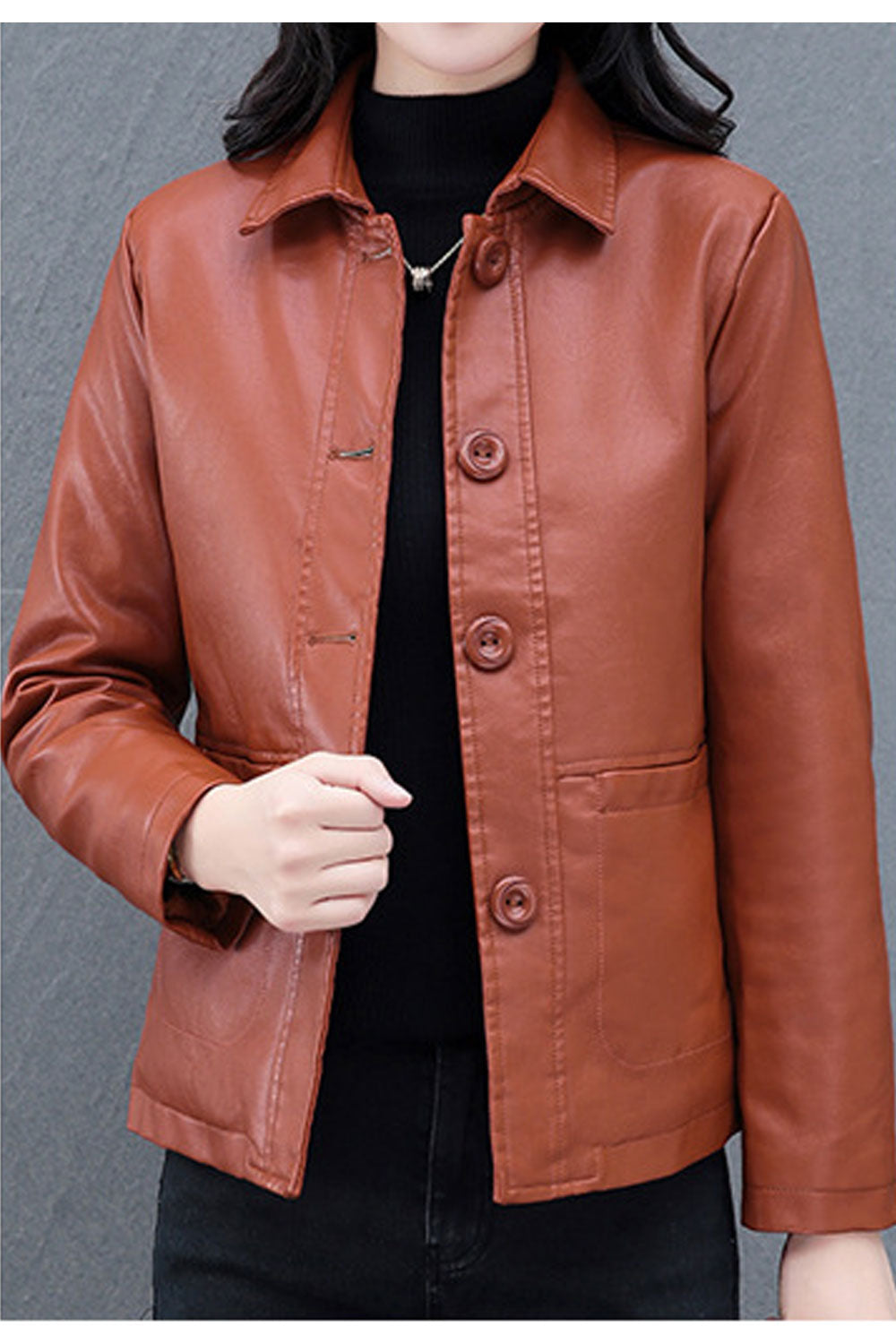 Women Stylish Collar Neck Long Sleeves Buttoned Fastener Patch Pocket Soft Linen Warm Leather Jacket