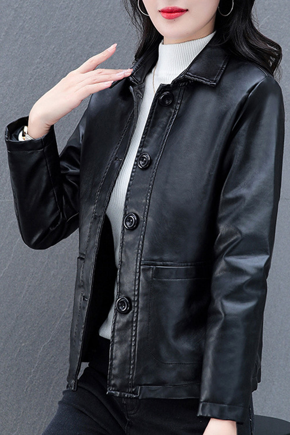 Women Stylish Collar Neck Long Sleeves Buttoned Fastener Patch Pocket Soft Linen Warm Leather Jacket