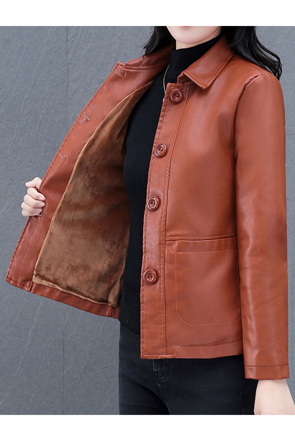 Women Stylish Collar Neck Long Sleeves Buttoned Fastener Patch Pocket Soft Linen Warm Leather Jacket