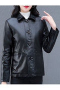 Women Stylish Collar Neck Long Sleeves Buttoned Fastener Patch Pocket Soft Linen Warm Leather Jacket