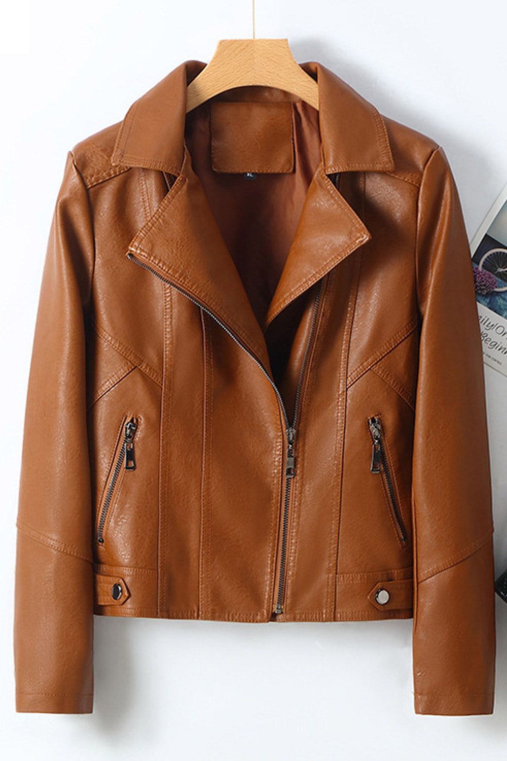Women Professional Style Lapel Collar Long Sleeves Oblique Zipper & Side Zippered Pocket Short Slim Cozy Leather Jacket
