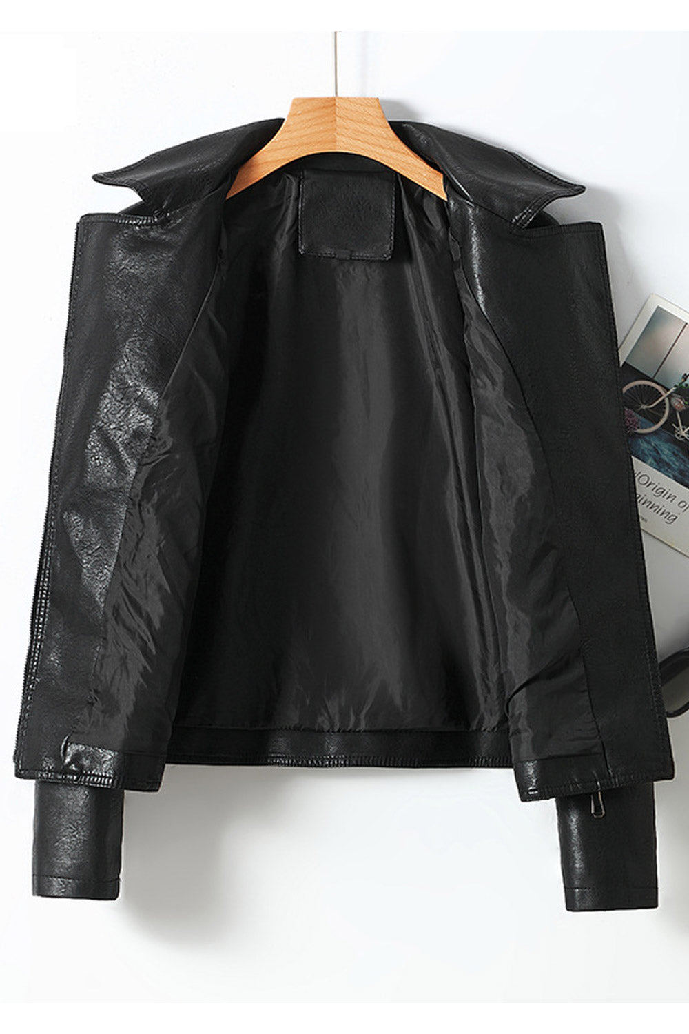 Women Professional Style Lapel Collar Long Sleeves Oblique Zipper & Side Zippered Pocket Short Slim Cozy Leather Jacket